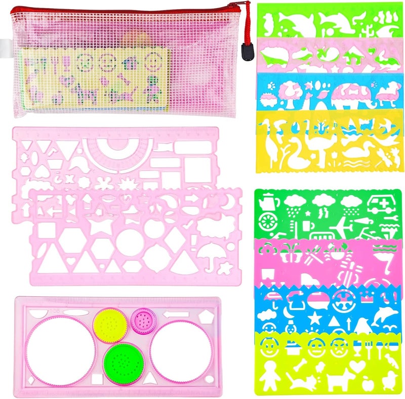 Acoavo 11Pcs Pink Colorful Art Painting Template for Drawing Geometric Drawings Templates with Bag Spiral Curve Stencils Rulers for Kids Drawing Stencils for Preschooler Student Classroom Learning Tool(Girl) - Image 1
